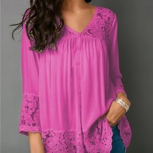 3/4 sleeve solid color rose pink lace blouse